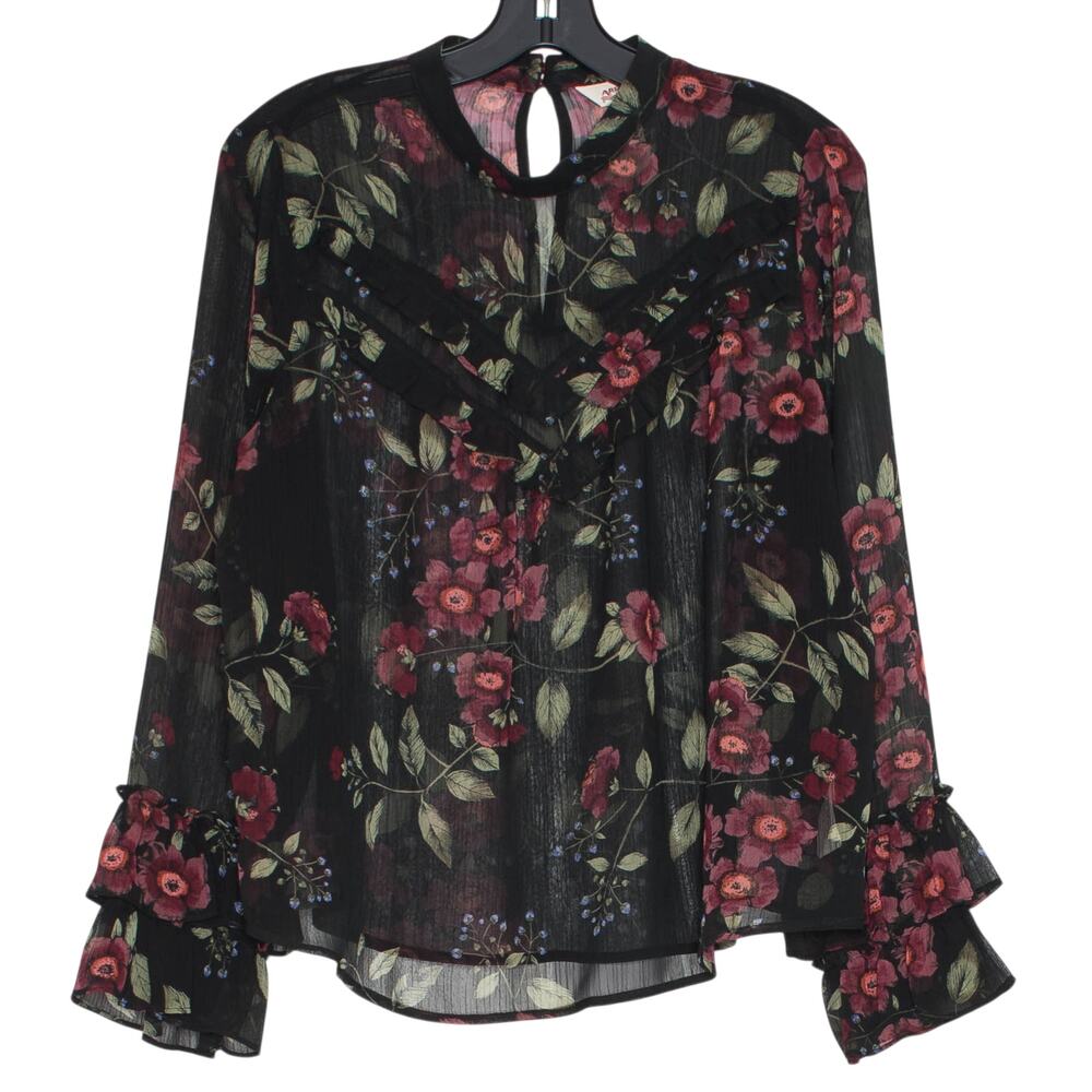 Black Sheer Dark Floral Ruffle Sleeve Top Boho Cottagecore Whimsigoth Romantic L